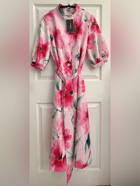 Ooozee Pink Floral Button-Front Midi Dress